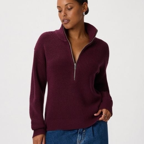 NWT. Quince Australian Merino Wool Half Zip Sweater, Barolo Burgundy (S) - Picture 3 of 17